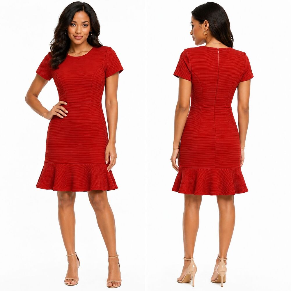 Michael Kors Ribbed Flounce Hem Textured Fit & Flare Dress Red Size 2P Petite